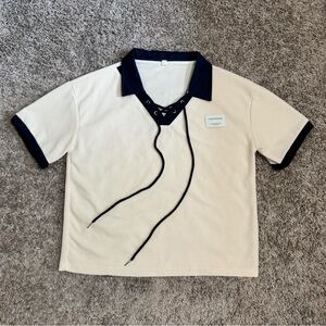 Beige and Black Lace-Up Polo Shirt